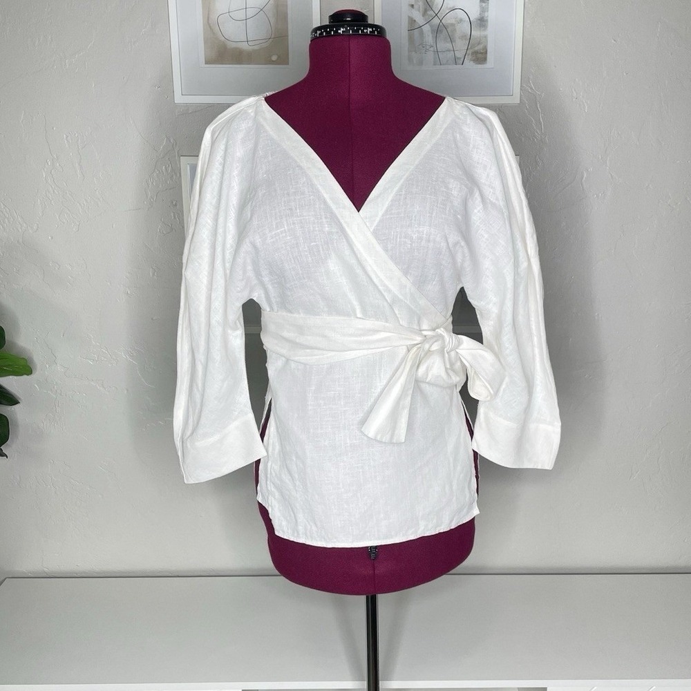 Mara‎ Hoffman Wrap Top Women Small White 100% Hemp Puff Sleeve V-Neck Blouse